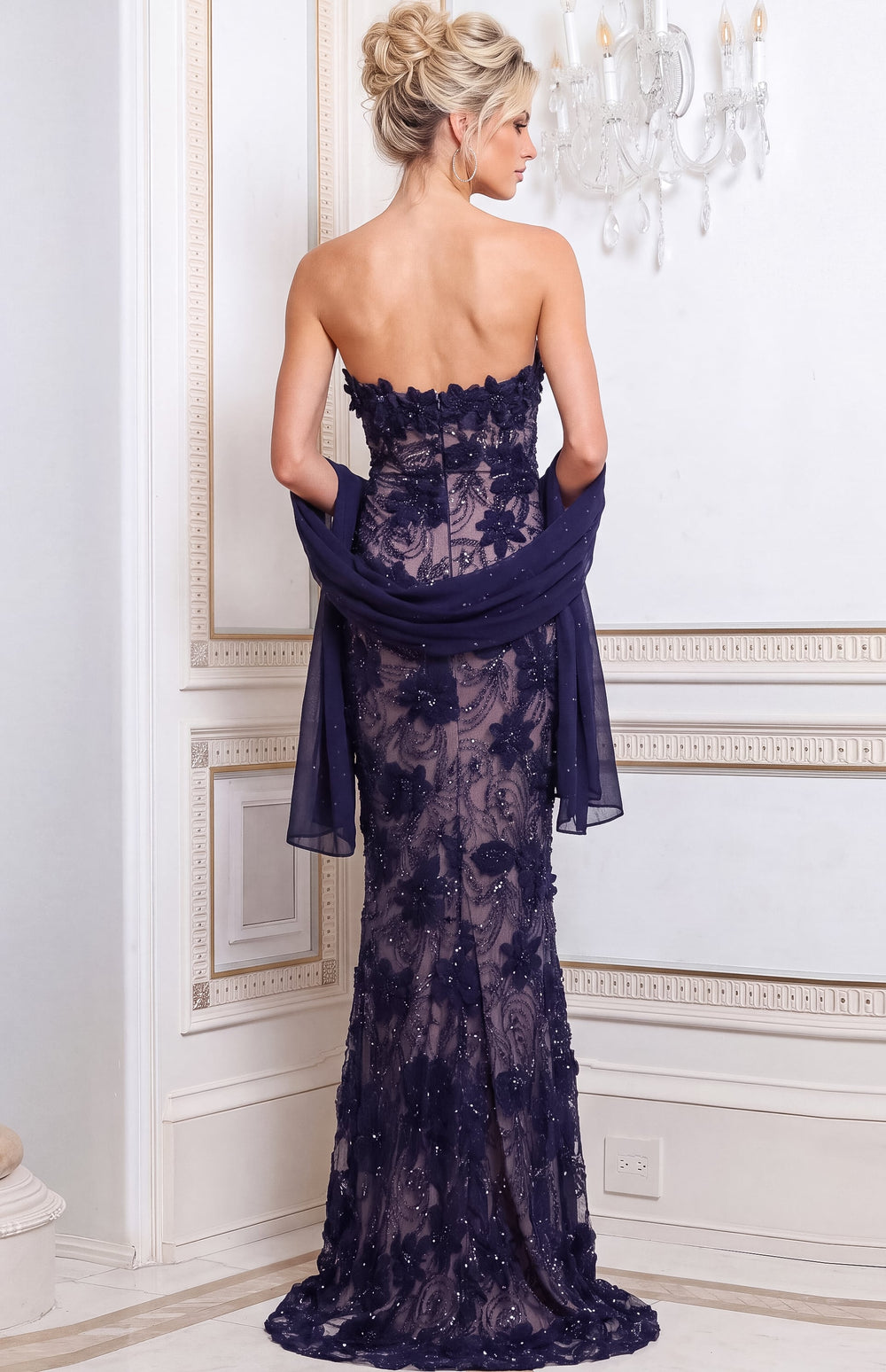 Jovani 52018 Navy Strapless Floral Beaded Column Gown Detail - FOSTANI.com