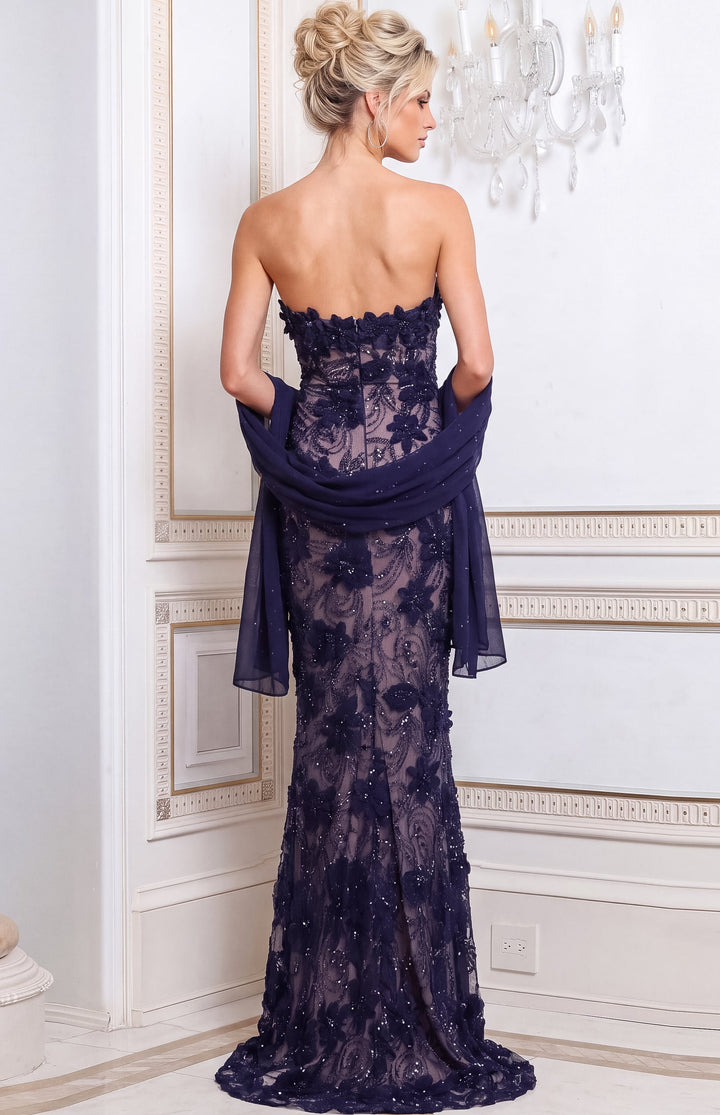 Jovani 52018 Navy Strapless Floral Beaded Column Gown Detail - FOSTANI.com