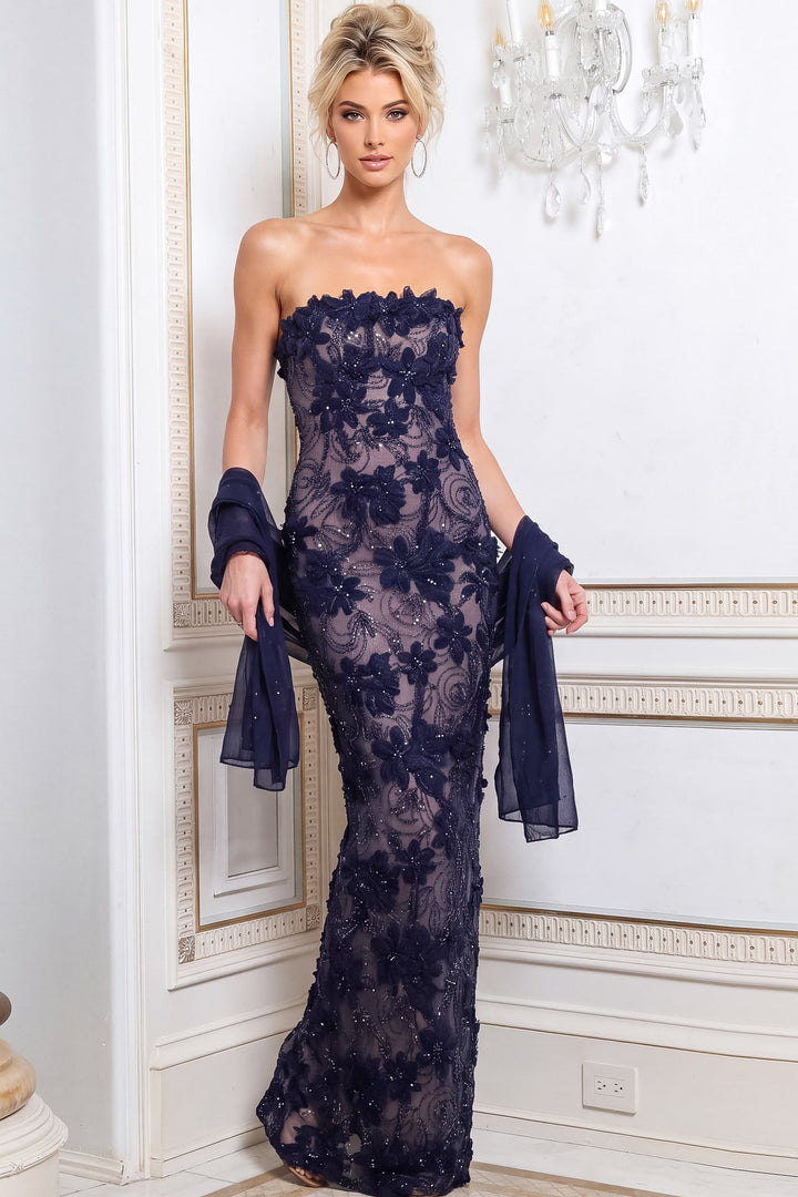 Jovani 52018 Navy Strapless Floral Beaded Column Gown Back - FOSTANI.com