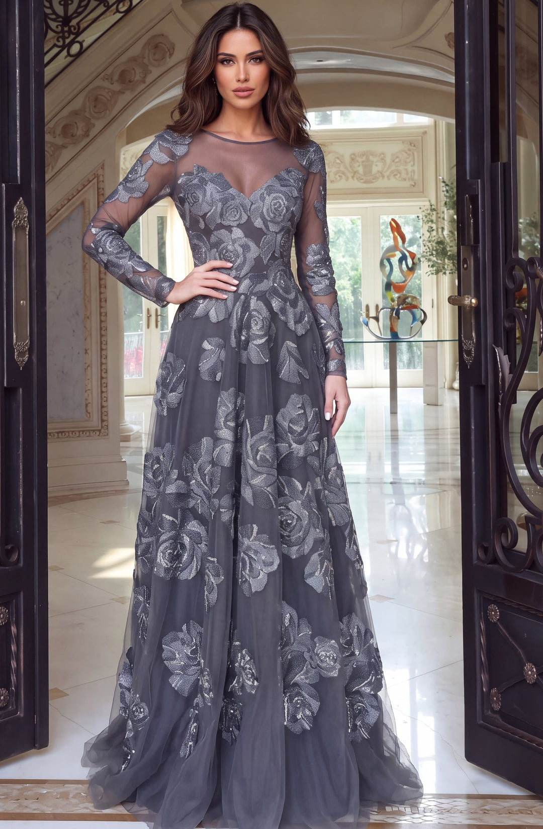Jovani 52021 High Neck Long Sleeve Illusion A-Line Gown with Floral Appliqués, front