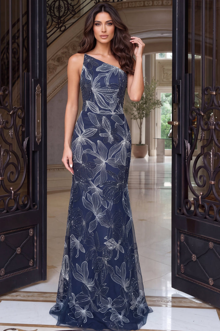 Jovani 52024 One-Shoulder Embroidered Floral Fit-and-Flare Gown, front