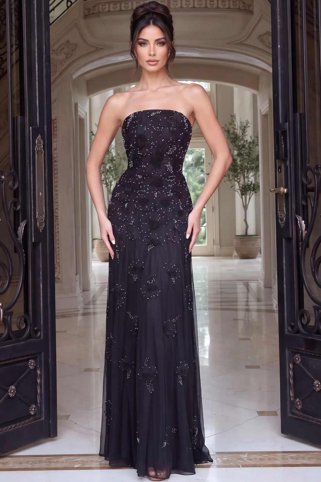Jovani 52510 strapless floral appliqué A-line evening gown view 4