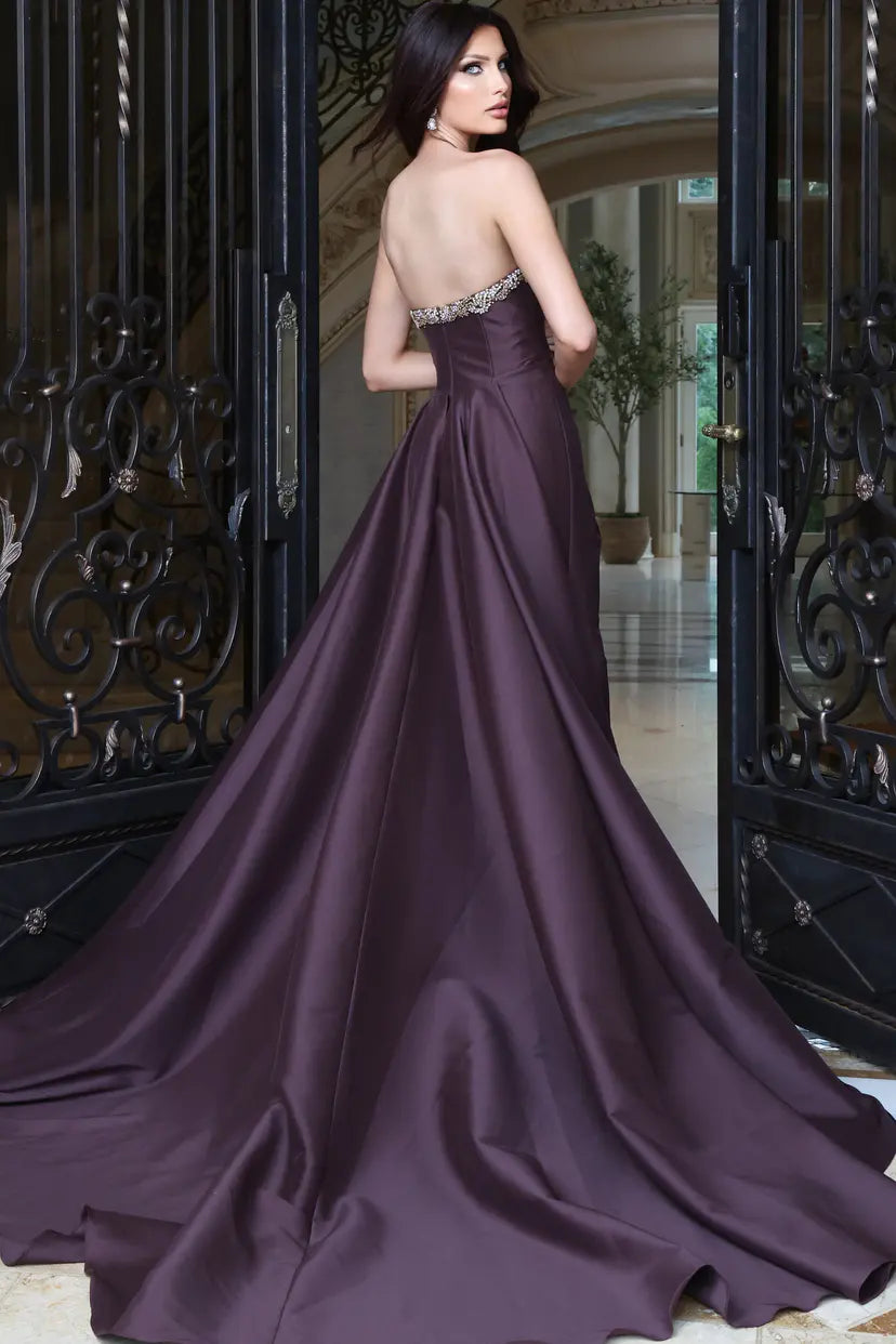 Jovani 53350 strapless sweetheart ball gown with cathedral train back view
