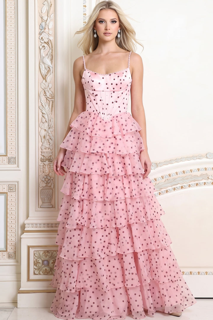 Jovani 53450 polka dot tiered tulle prom dress front view
