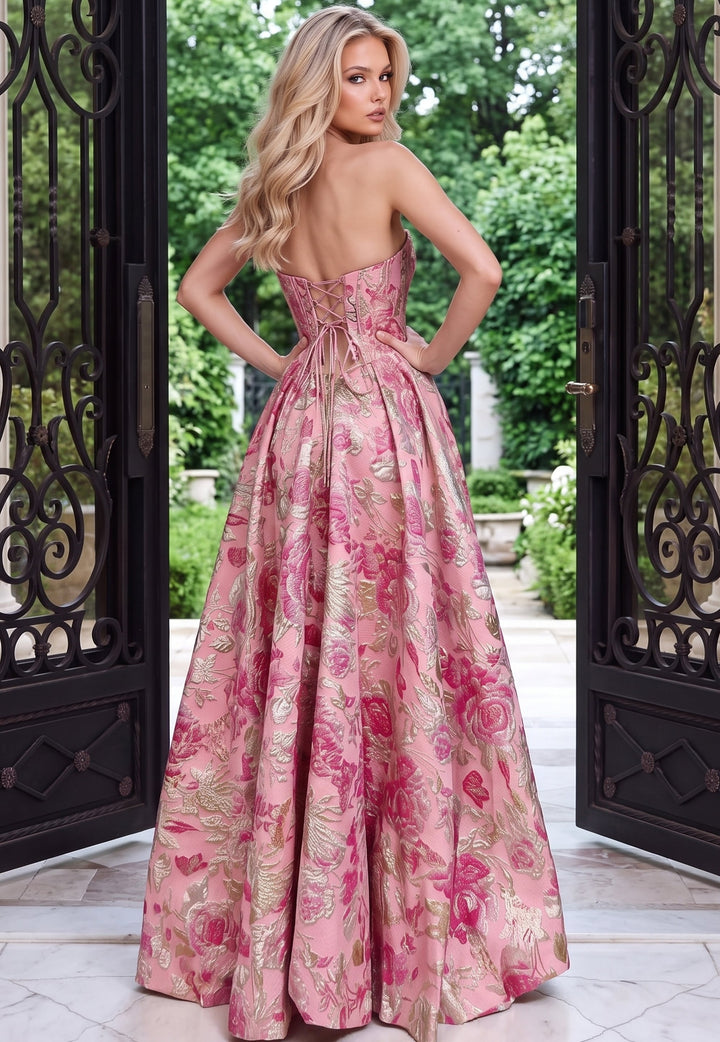 Jovani 53485 strapless corset floral jacquard ball gown back view