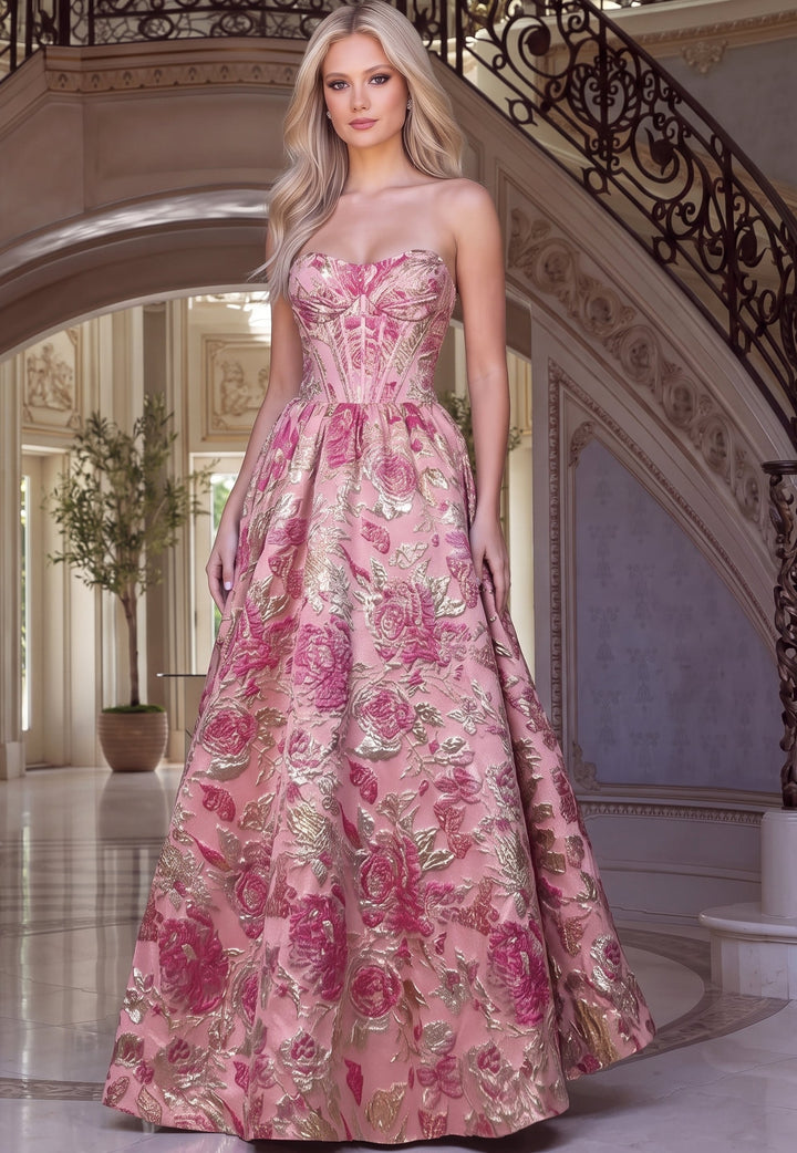 Jovani 53485 strapless corset floral jacquard ball gown front view