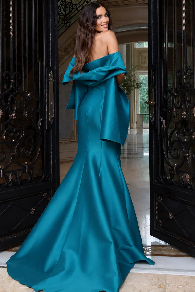 Jovani 53863 off the shoulder mermaid gown with oversized bow back view