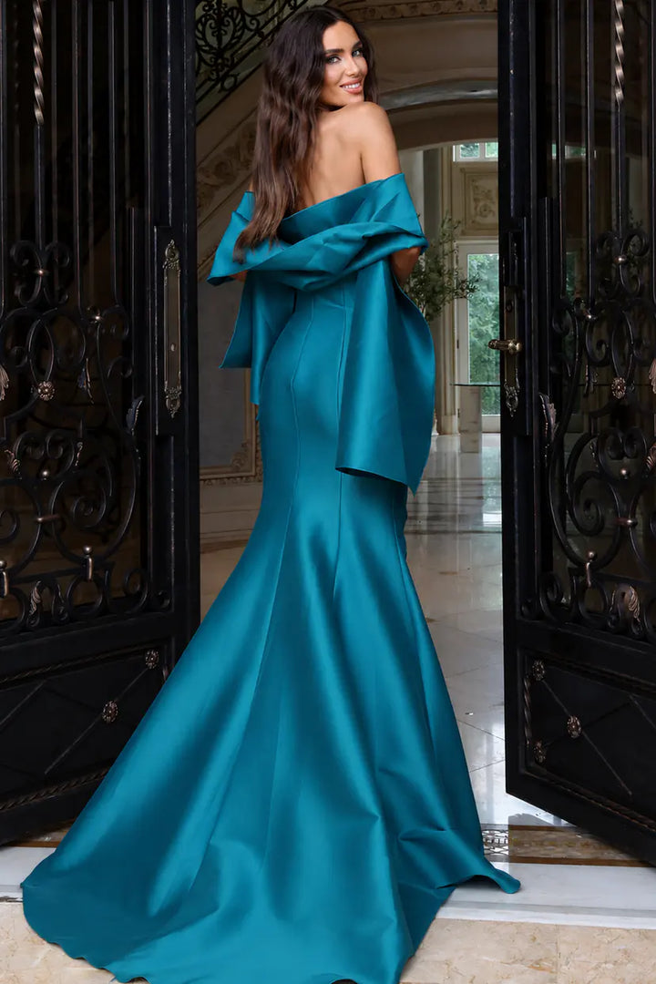 Jovani 53863 off the shoulder mermaid gown with oversized bow back view