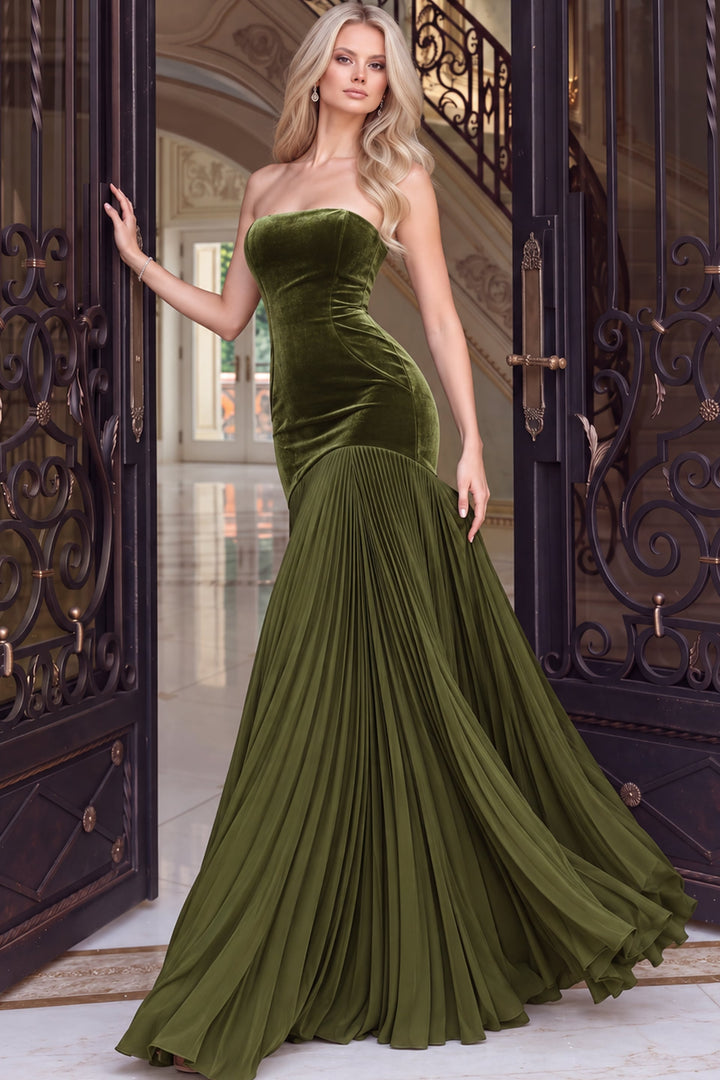 Jovani 54324 Strapless Mermaid Gown with Pleated Skirt front view