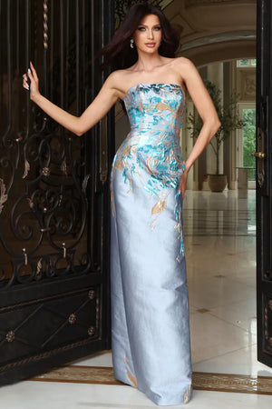 Jovani 54373 strapless floral column gown with shawl front view