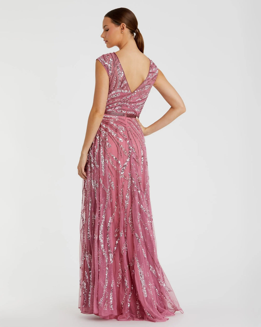 Mac Duggal 5445 Pink Cap Sleeve Embellished Evening Gown
