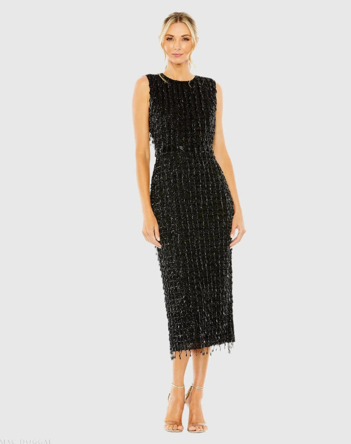 Mac Duggal 5471 Black Sleeveless High Neck Beaded Midi Sheath Dress