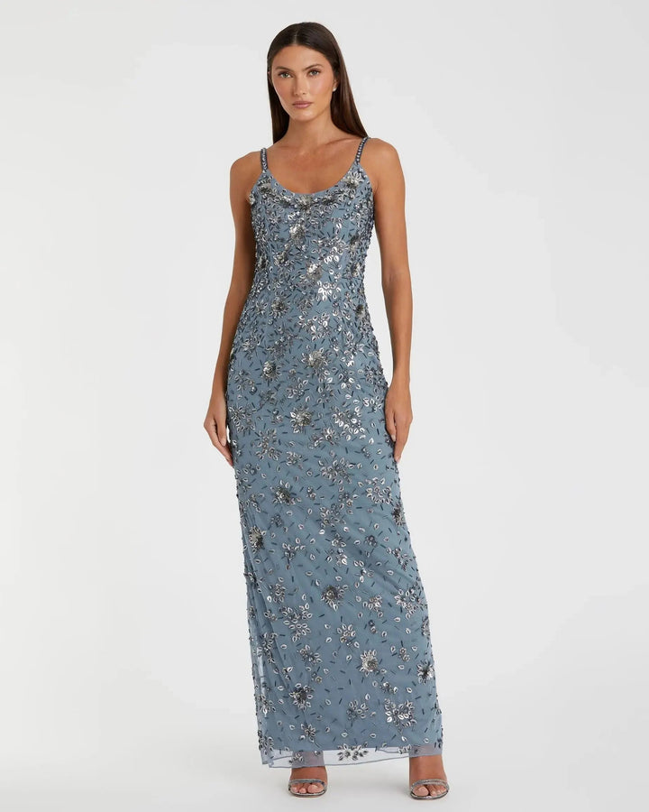 Mac Duggal 5477 Blue Floral Embellished Scoop Neck Evening Gown