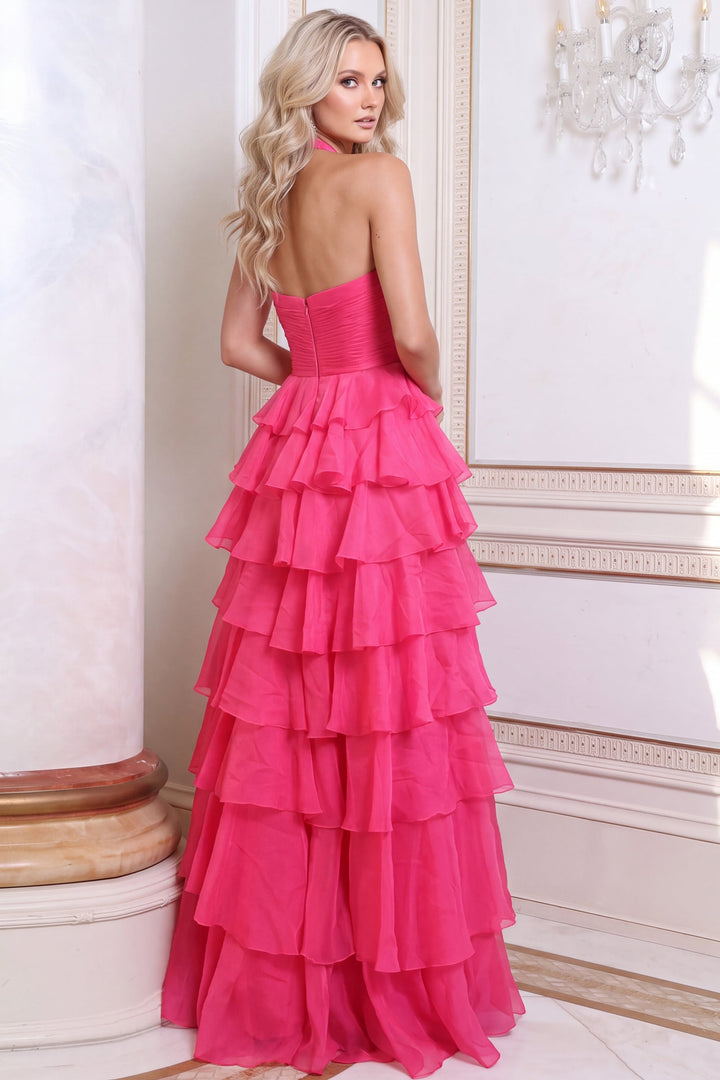 Jovani 54785 Halter Ruched Bodice Tiered Ruffle Gown back view