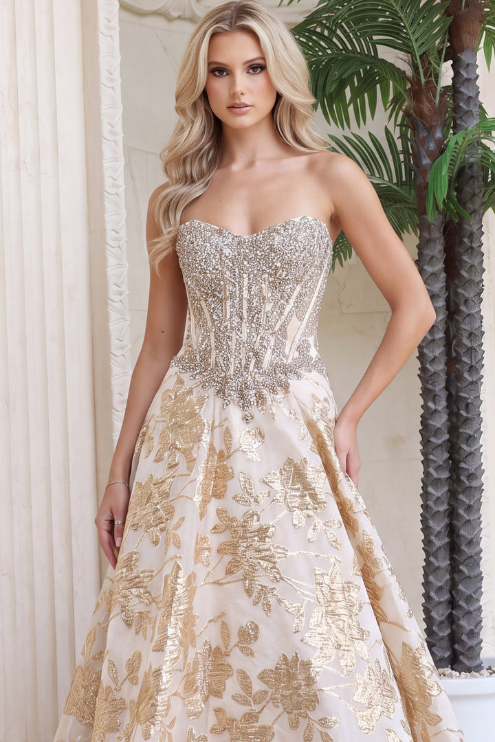 Jovani 54869 Strapless Sweetheart Beaded Corset A-Line Gown detail view