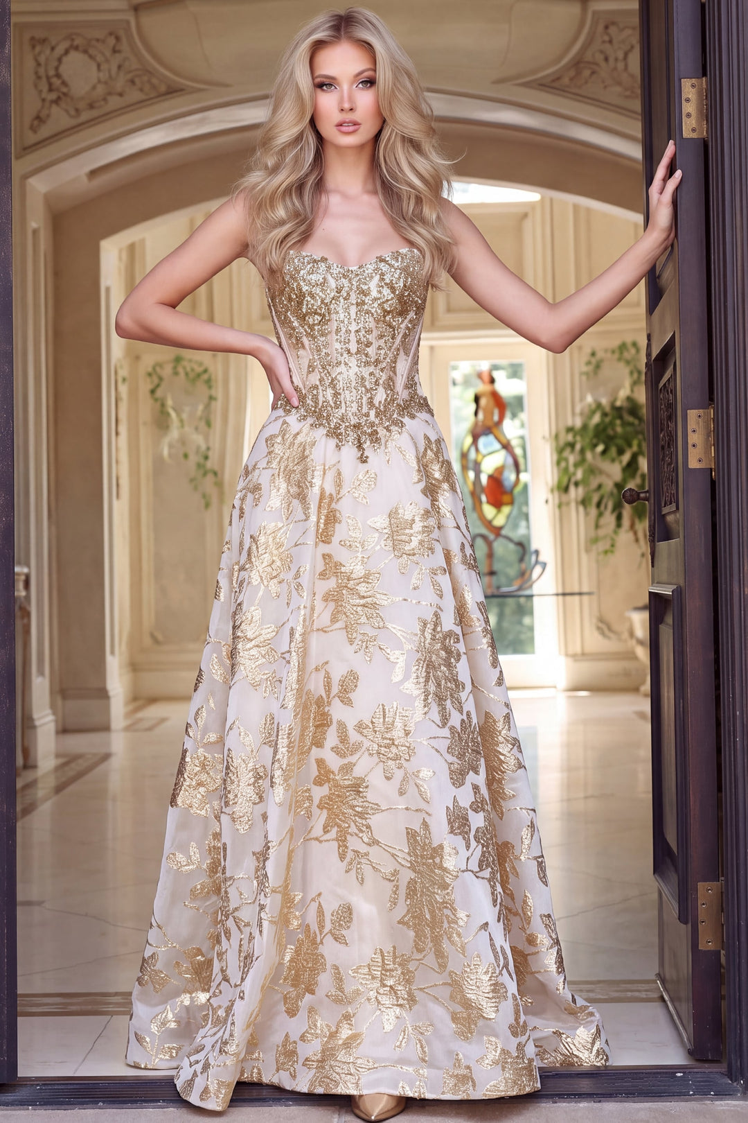 Jovani 54869 Strapless Sweetheart Beaded Corset A-Line Gown front view