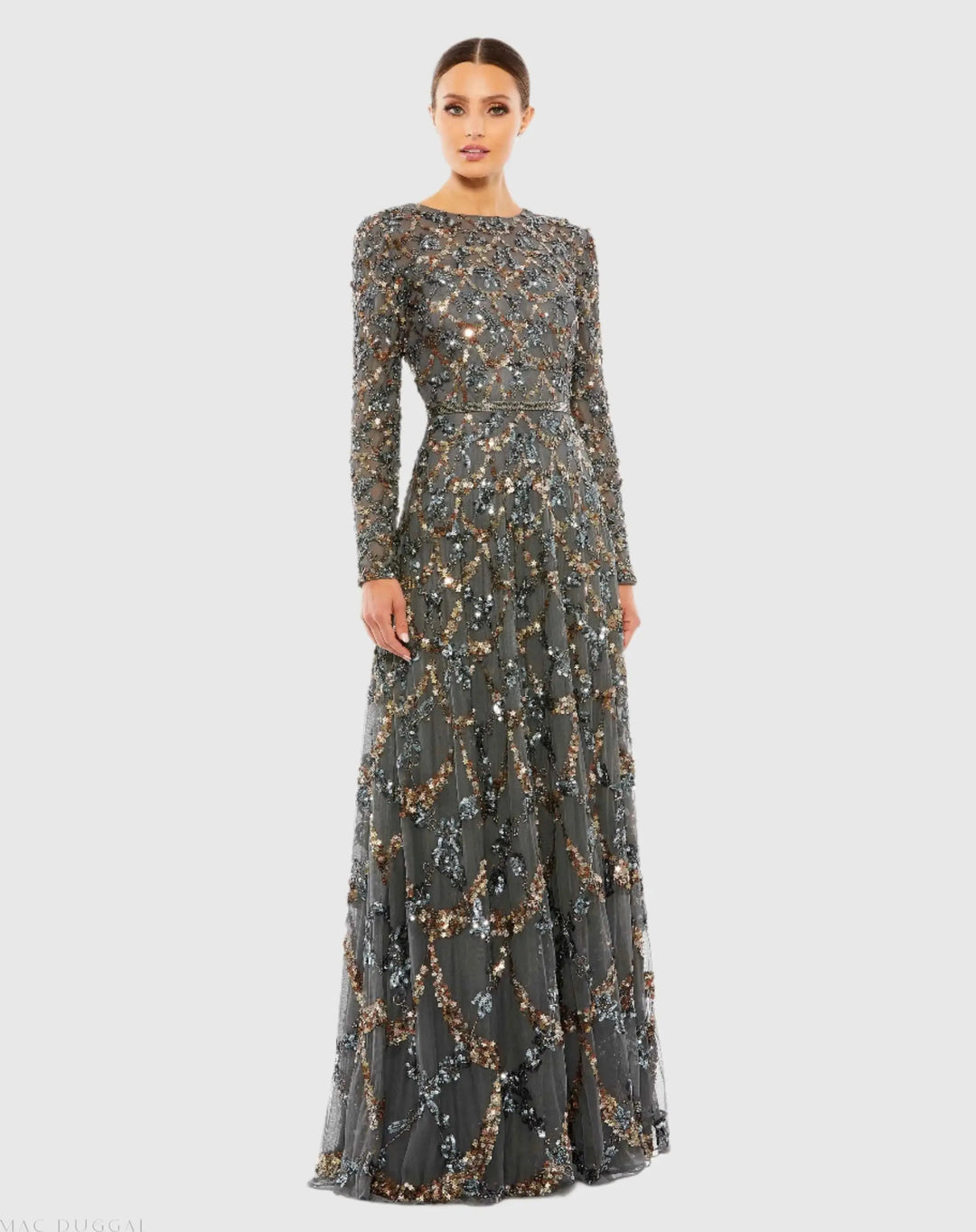 Mac Duggal 5496 Embellished Illusion High Neck Long Sleeve A Line Gown