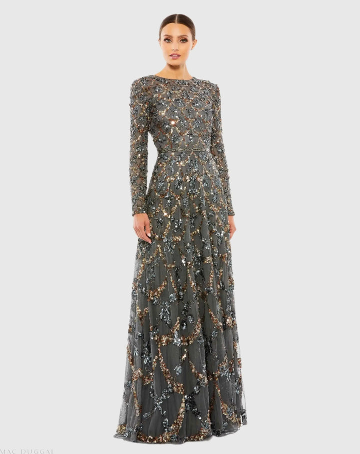 Mac Duggal 5496 Embellished Illusion High Neck Long Sleeve A Line Gown