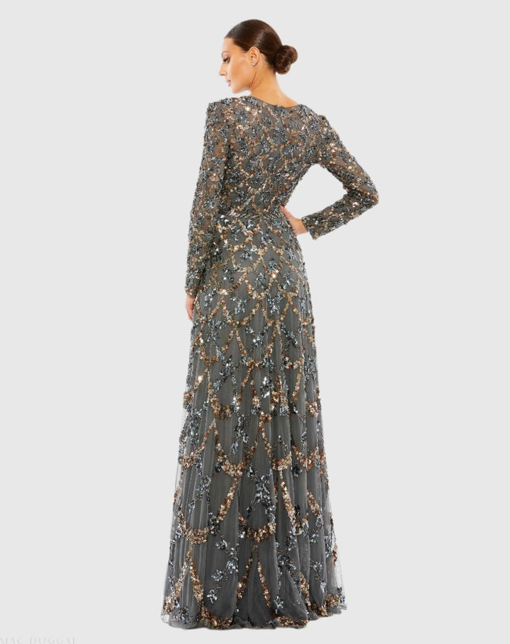 Mac Duggal 5496 Embellished Illusion High Neck Long Sleeve A Line Gown