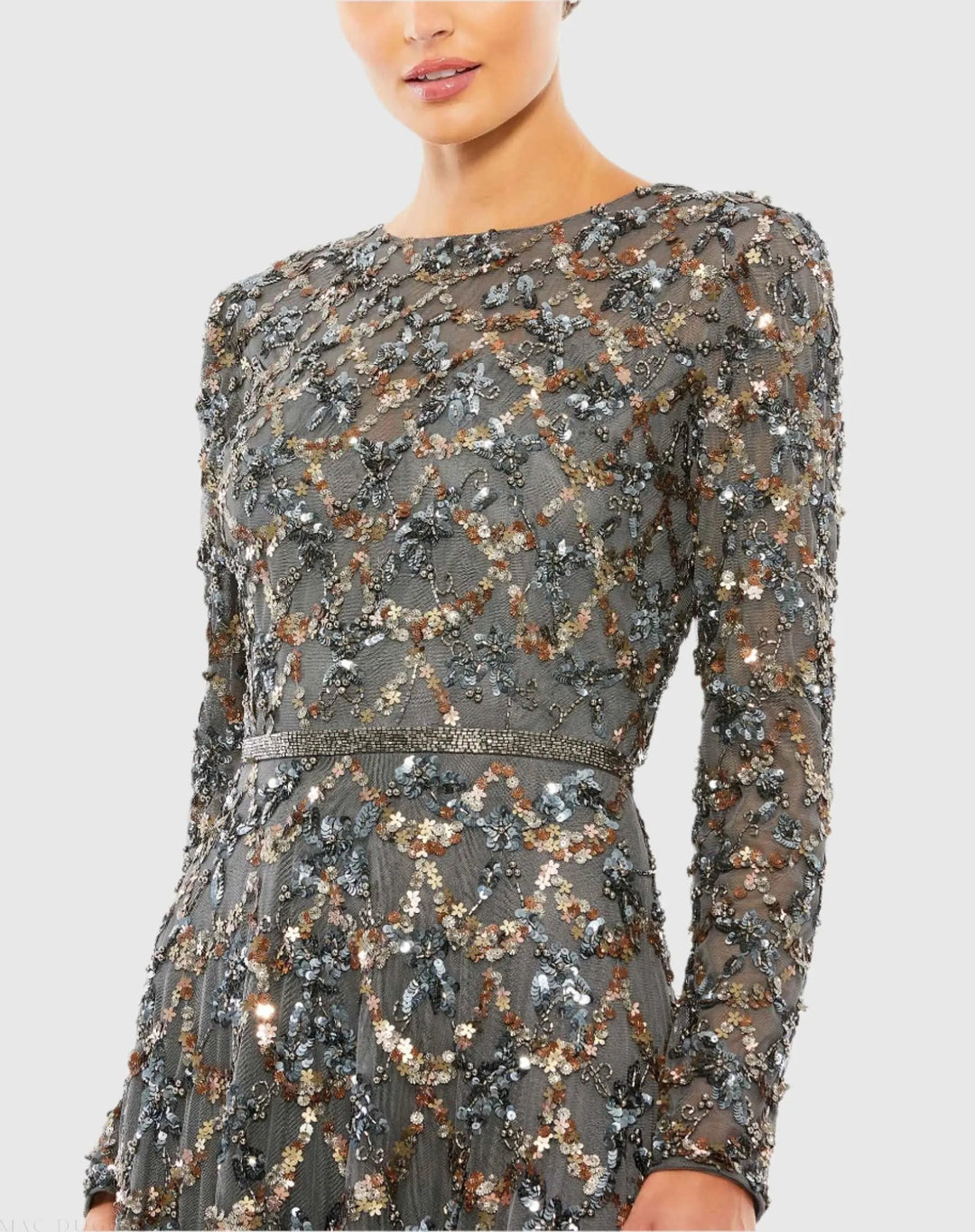 Mac Duggal 5496 Embellished Illusion High Neck Long Sleeve A Line Gown