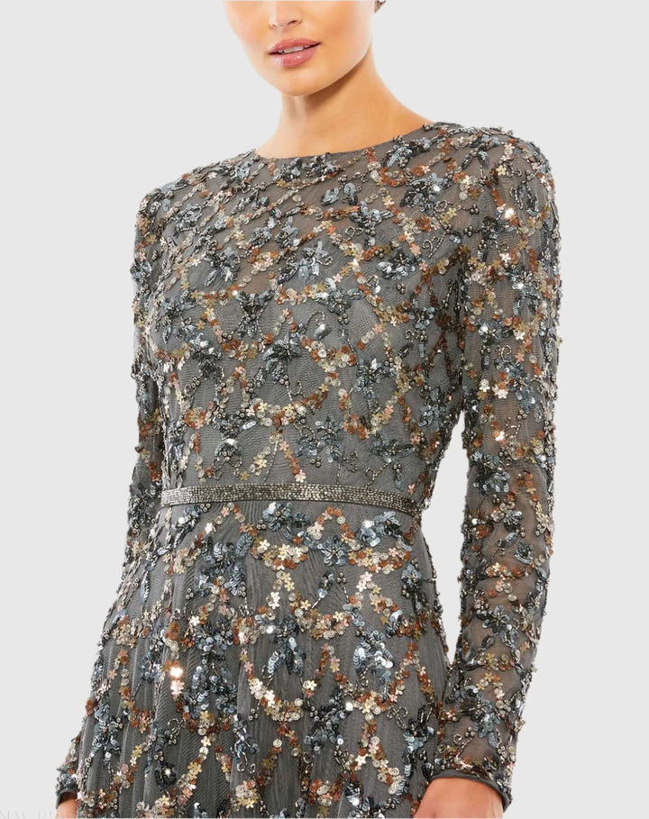 Mac Duggal 5496 Embellished Illusion High Neck Long Sleeve A Line Gown