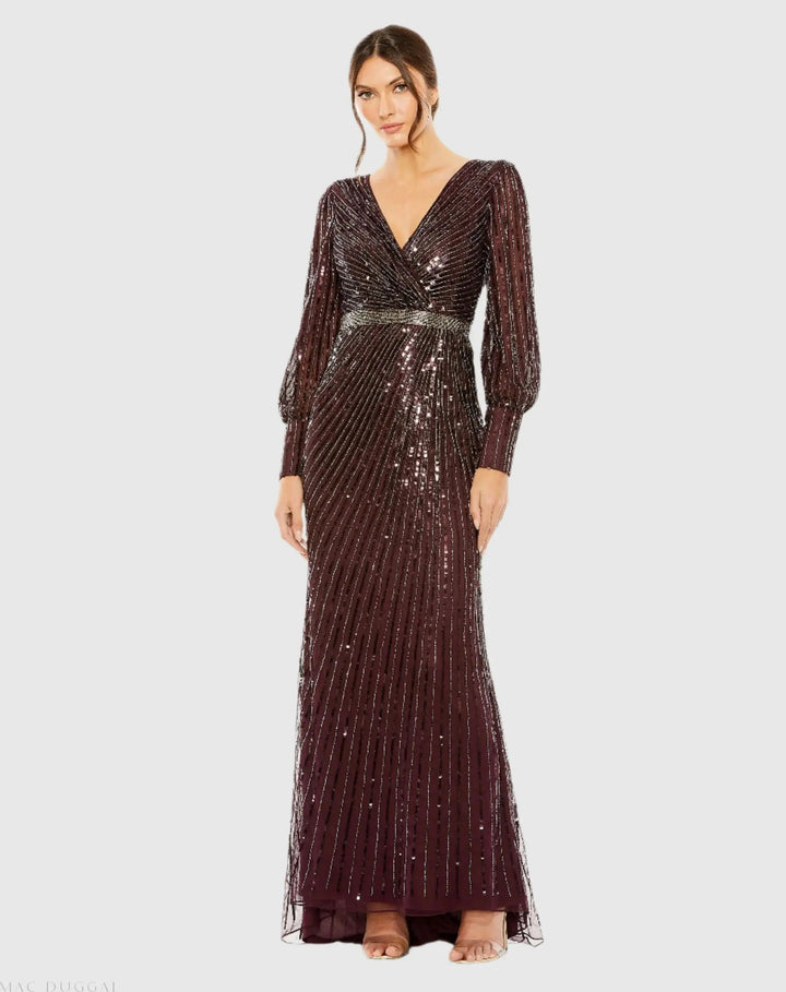 Mac Duggal 5501 Sequined Wrap Over Bishop Sleeve Gown