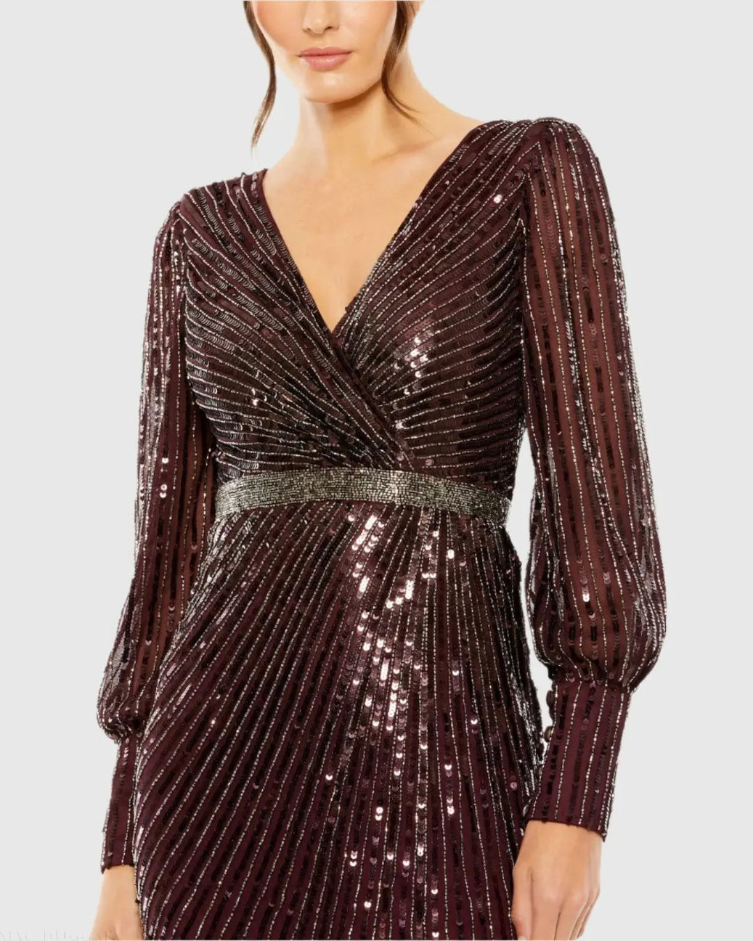 Mac Duggal 5501 Sequined Wrap Over Bishop Sleeve Gown