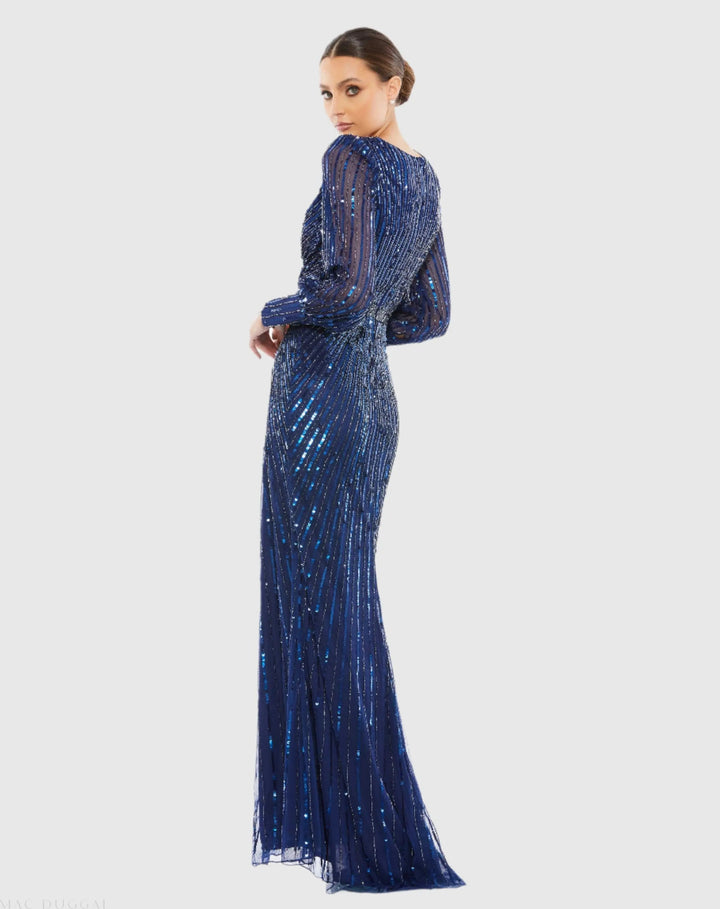 Mac Duggal 5501 Sequined Wrap Over Bishop Sleeve Gown