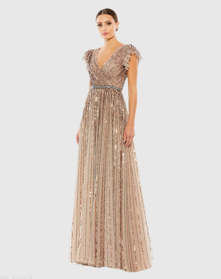 Mac Duggal 5502 Sequined Wrap Over Ruffled Cap Sleeve Gown