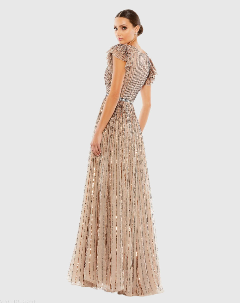 Mac Duggal 5502 Sequined Wrap Over Ruffled Cap Sleeve Gown
