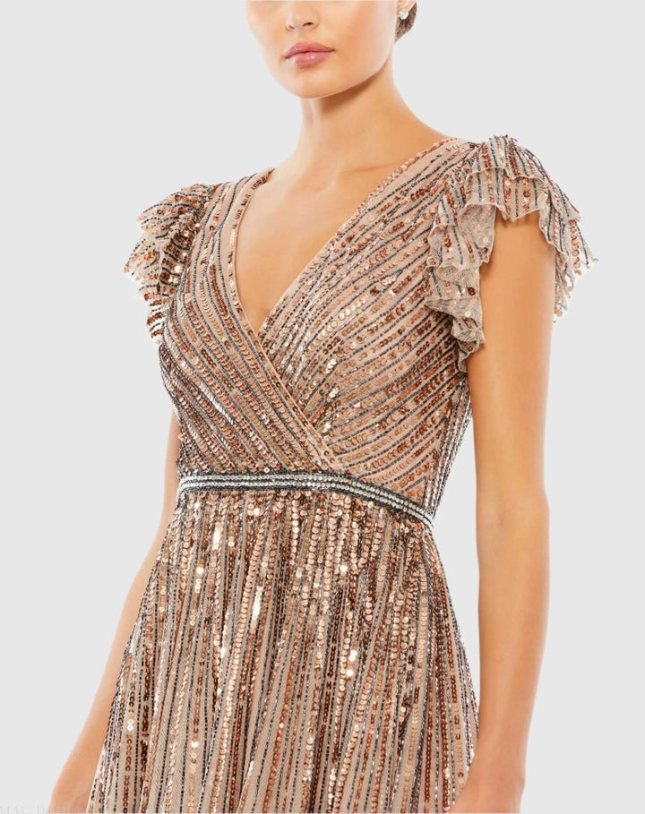 Mac Duggal 5502 Sequined Wrap Over Ruffled Cap Sleeve Gown