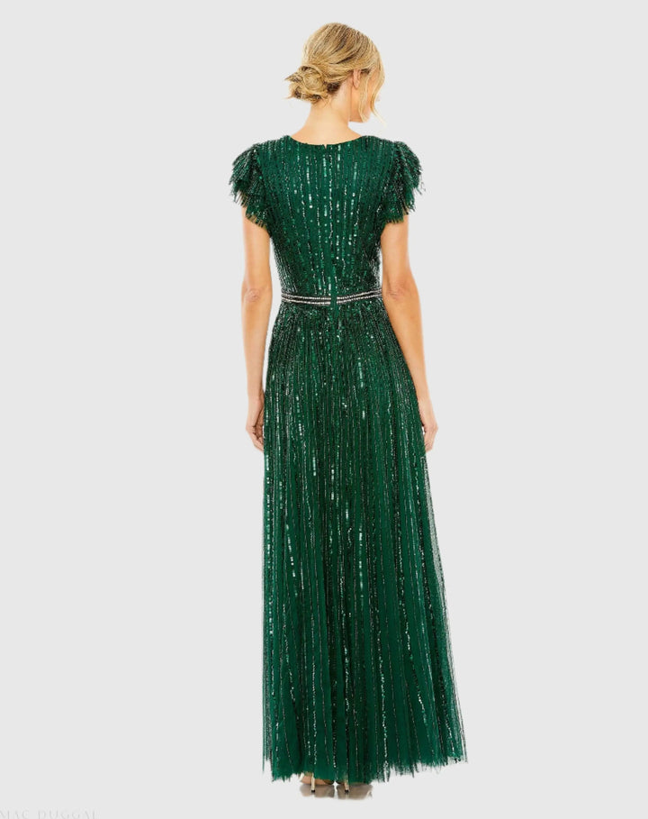 Mac Duggal 5502 Sequined Wrap Over Ruffled Cap Sleeve Gown