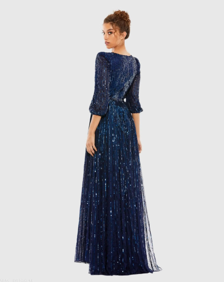 Mac Duggal 5509 Green Sequined Wrap Over 3/4 Sleeve Gown