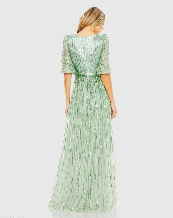 Mac Duggal 5509 Green Sequined Wrap Over 3/4 Sleeve Gown