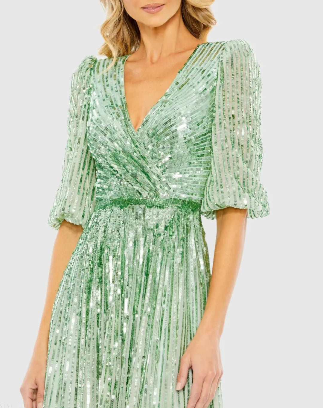 Mac Duggal 5509 Green Sequined Wrap Over 3/4 Sleeve Gown
