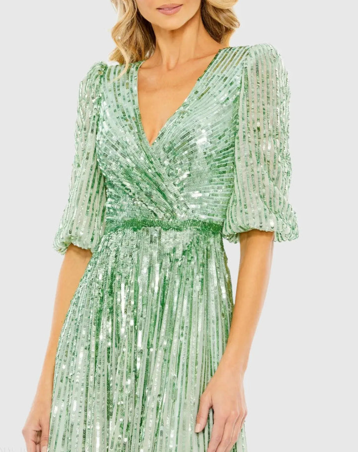 Mac Duggal 5509 Green Sequined Wrap Over 3/4 Sleeve Gown
