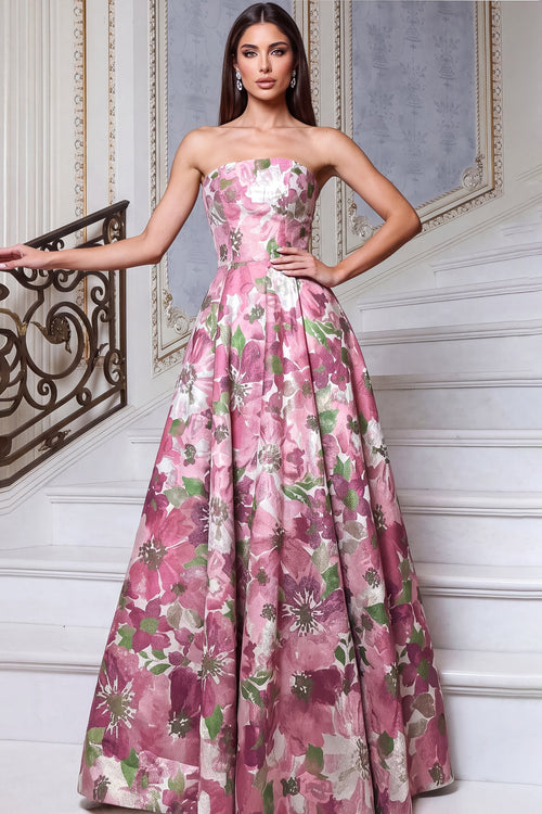 Jovani 55284 Floral Strapless Pattern A-Line Evening Gown