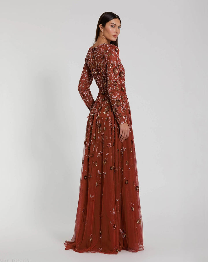 Mac Duggal 5533 Embellished High Neck Long Sleeve A Line Gown