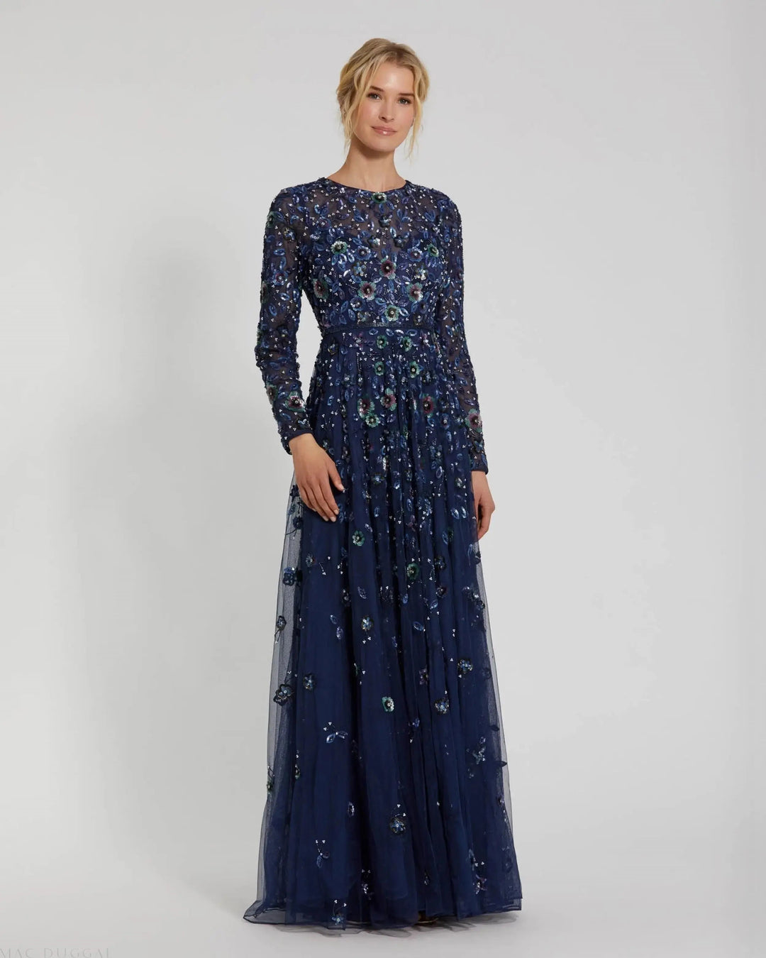 Mac Duggal 5533 Embellished High Neck Long Sleeve A Line Gown