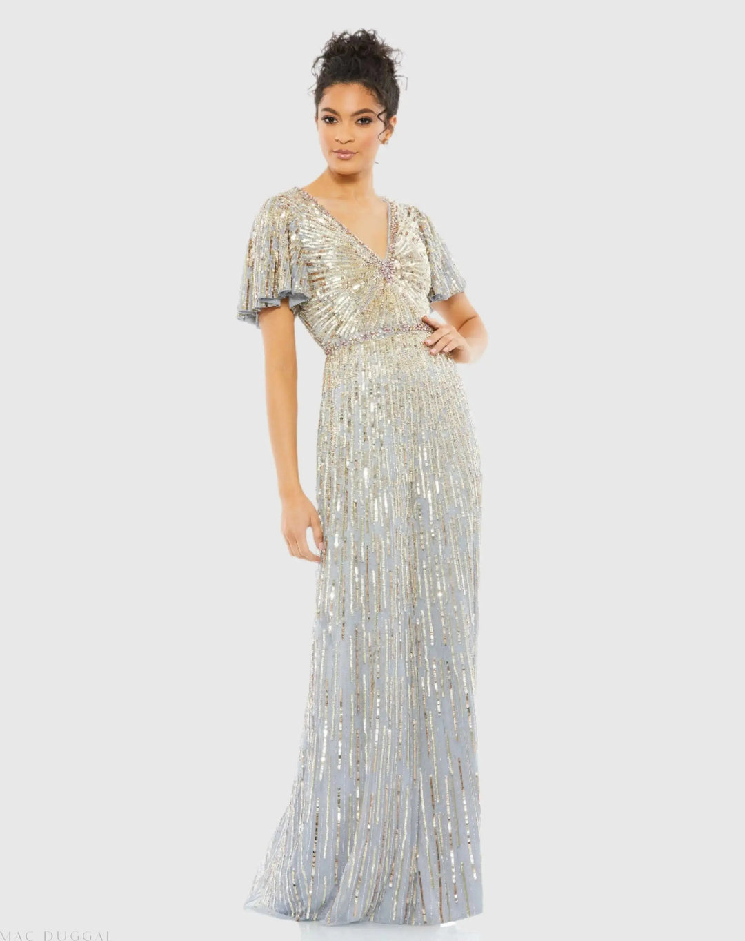 Mac Duggal 5538 Embellished V Neck Butterfly Sleeve Column Gown