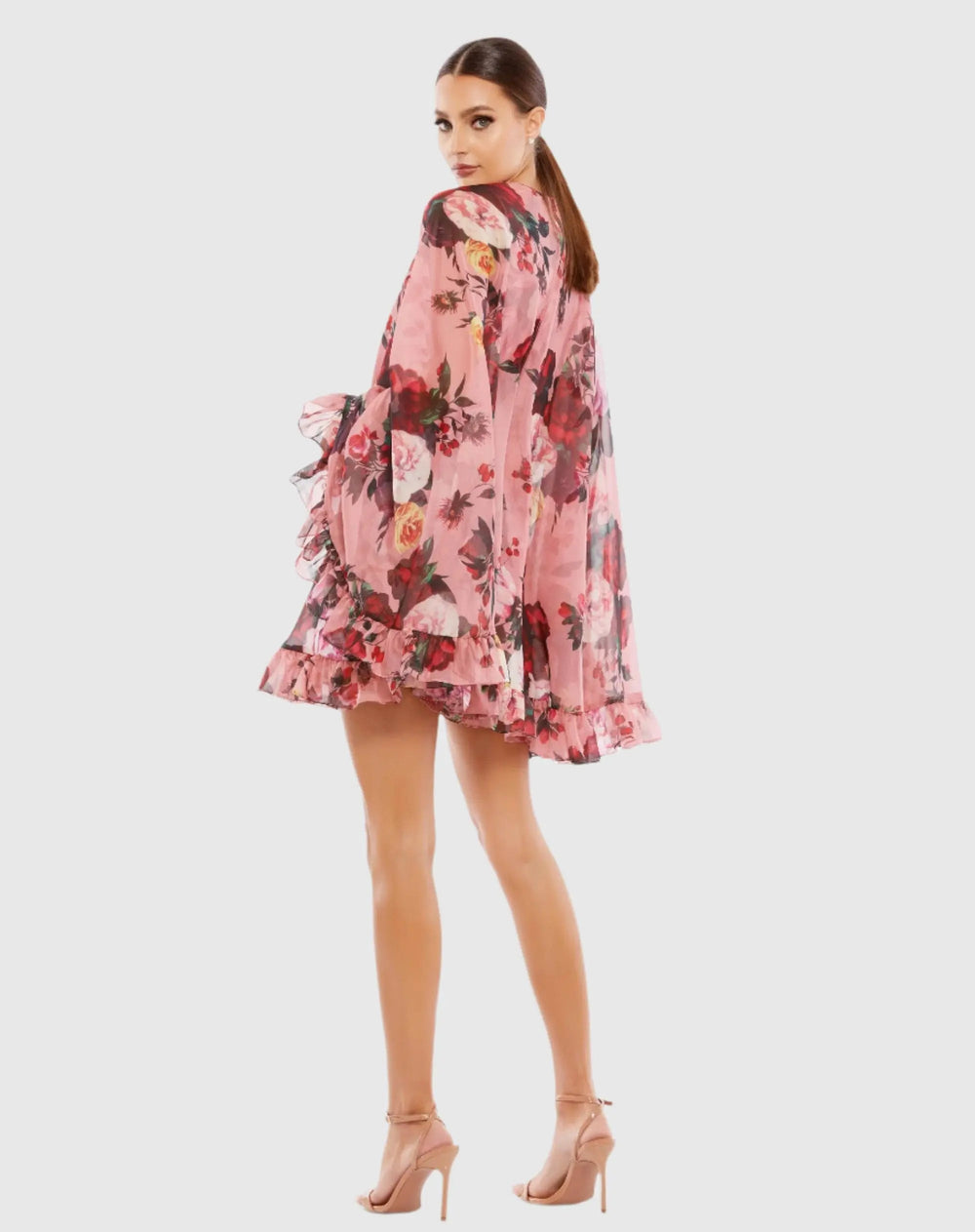 Mac Duggal 55404 Floral Print High Neck Ruffle Hem Cape Mini Dress