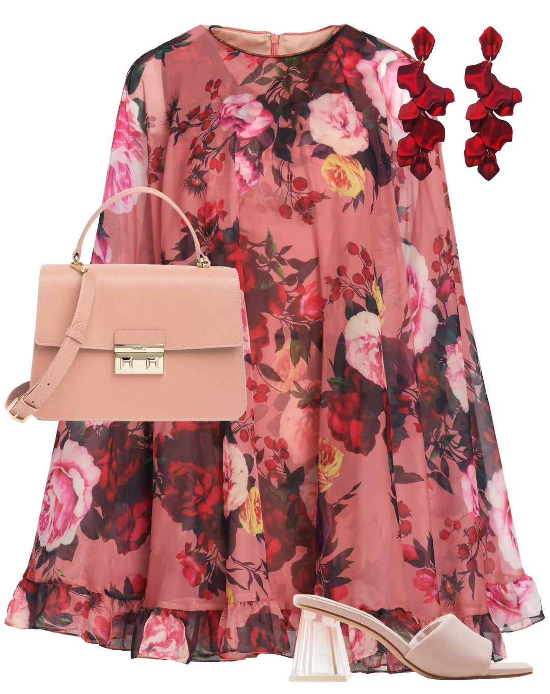 Mac Duggal 55404 Floral Print High Neck Ruffle Hem Cape Mini Dress