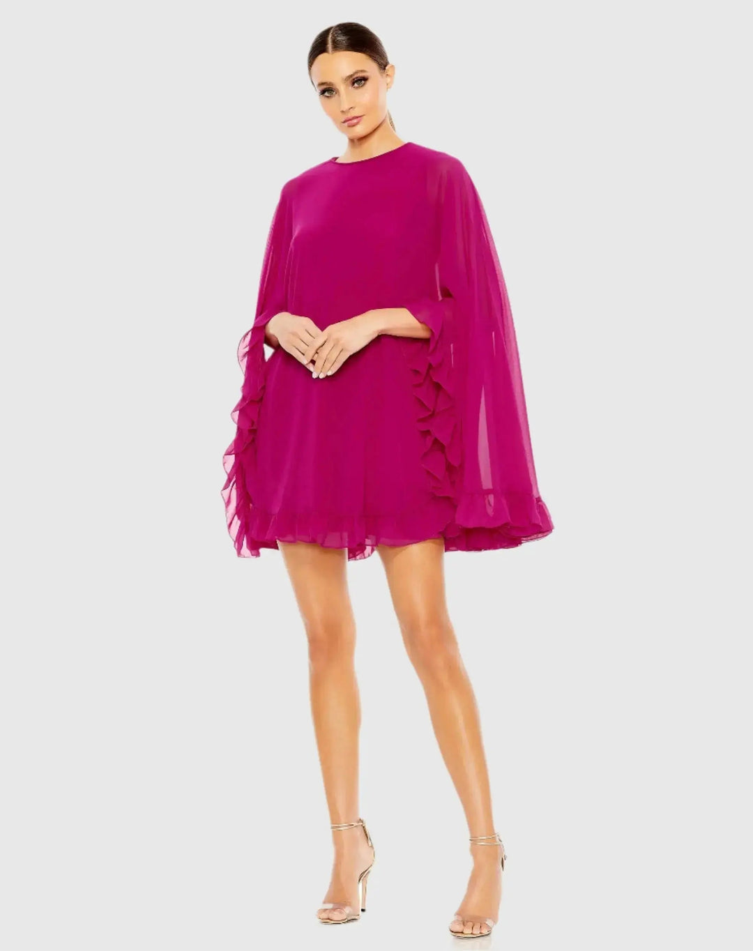 Mac Duggal 55407 High Neck Ruffle Hem Cape Mini Dress