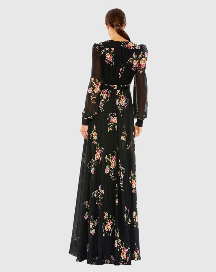 Mac Duggal 55661 Belted Floral Print Illusion Long Sleeve Gown