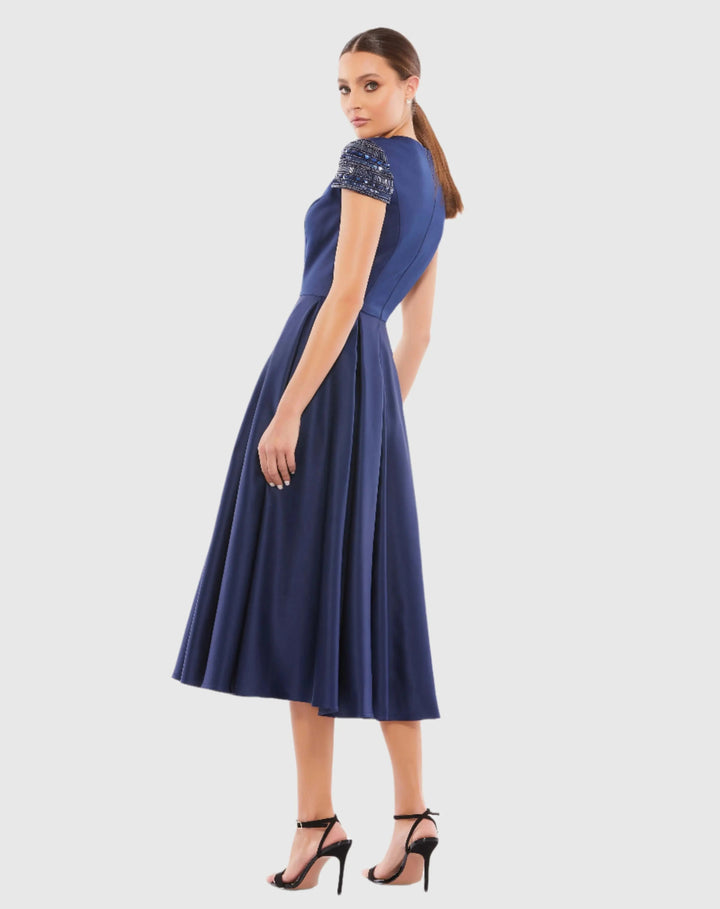 Mac Duggal 55699 High Neck Cap Sleeve Tea Length Dress
