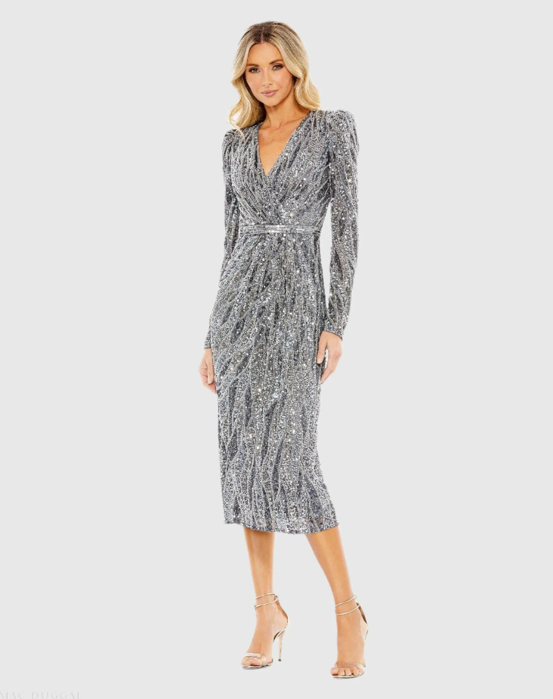 Mac Duggal 5574 Long Sleeve V Neck Beaded Cocktail Dress