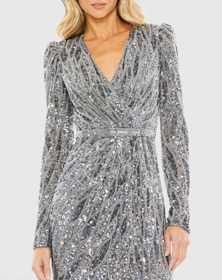 Mac Duggal 5574 Long Sleeve V Neck Beaded Cocktail Dress