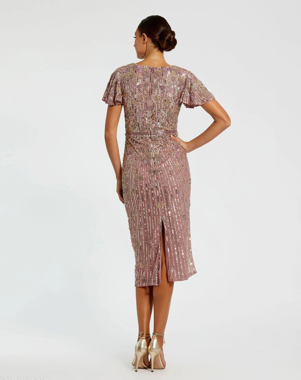 Mac Duggal 5582 Embellished Faux Wrap Flutter Sleeve Dress