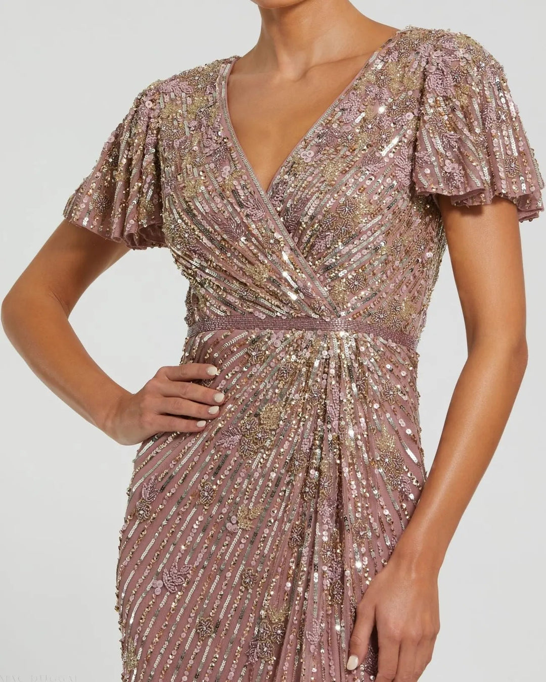 Mac Duggal 5582 Embellished Faux Wrap Flutter Sleeve Dress