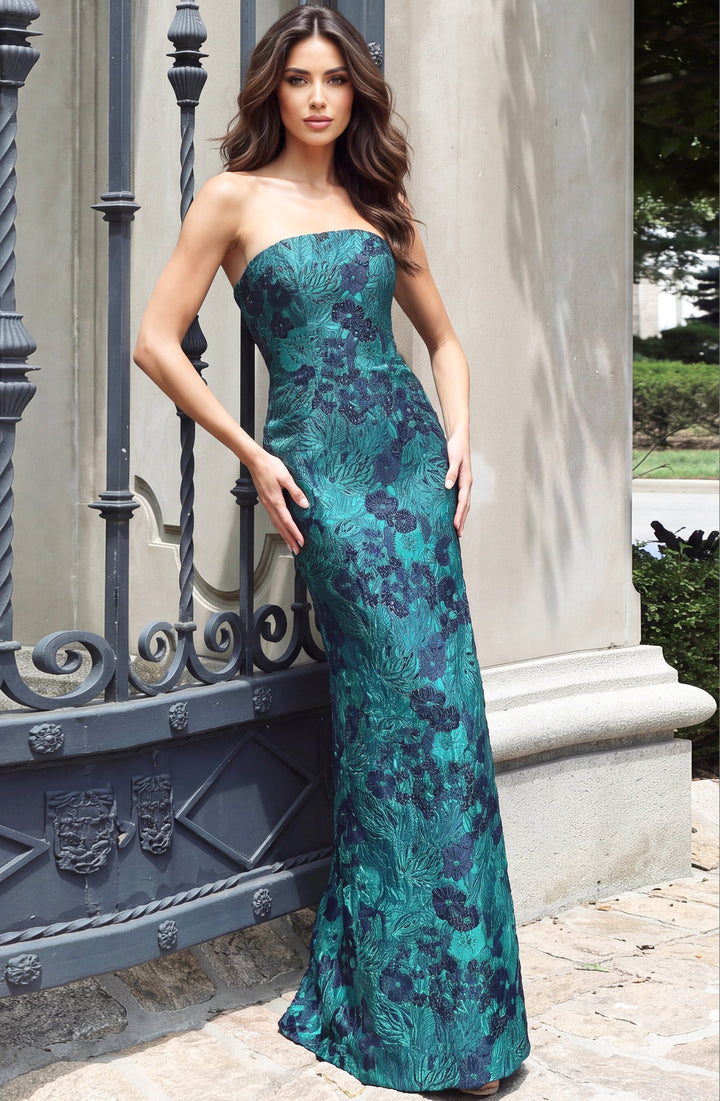 Jovani 55859 Strapless Fitted Floral Evening Gown, front